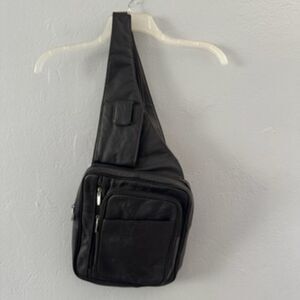 Genuine Leather Black Sling Messenger Crossbody Unisex Backpack Travel Bag